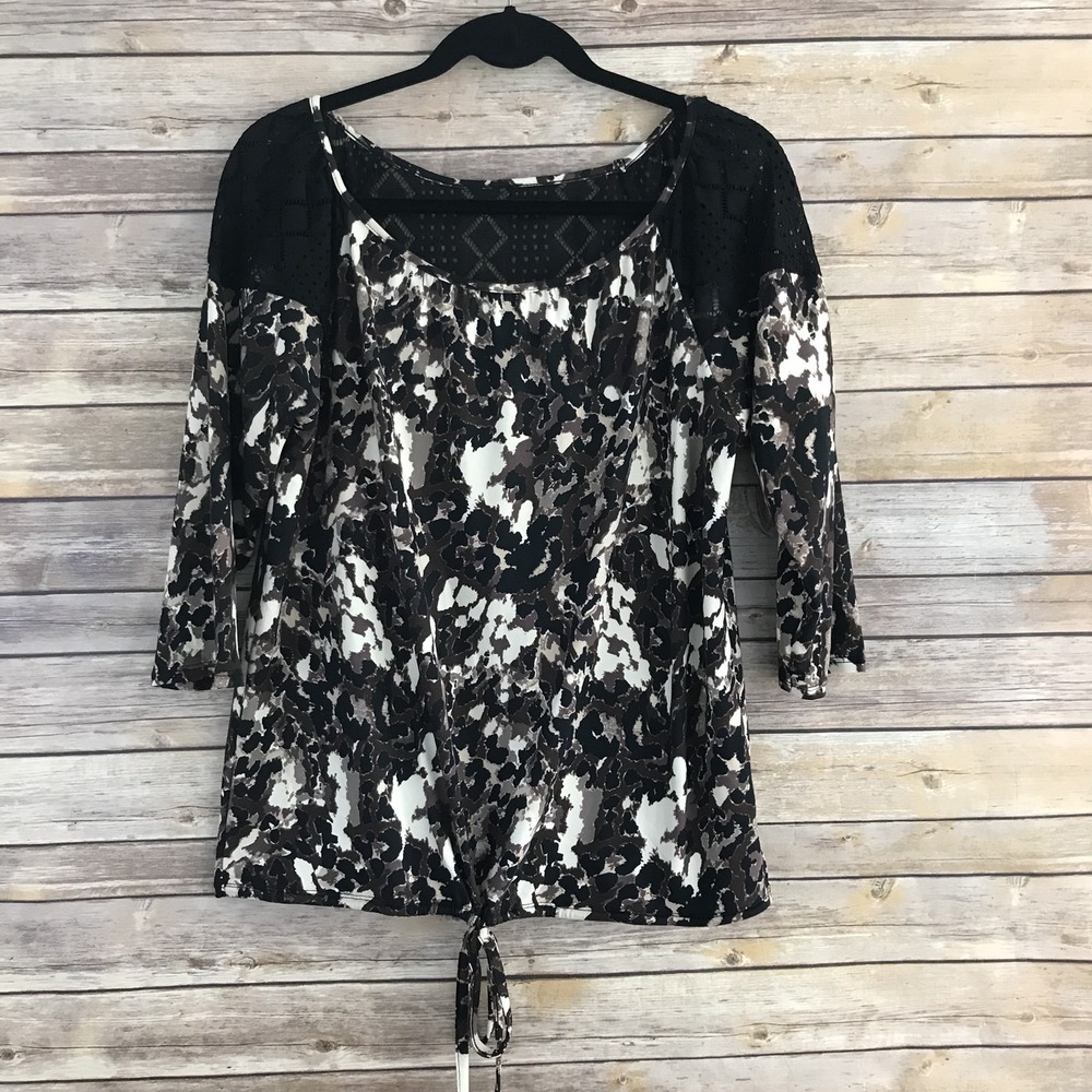 Notations Top Womens Small Lace Trim Tie Waist 3/4 Sleeve Lace Trim Printed Knit